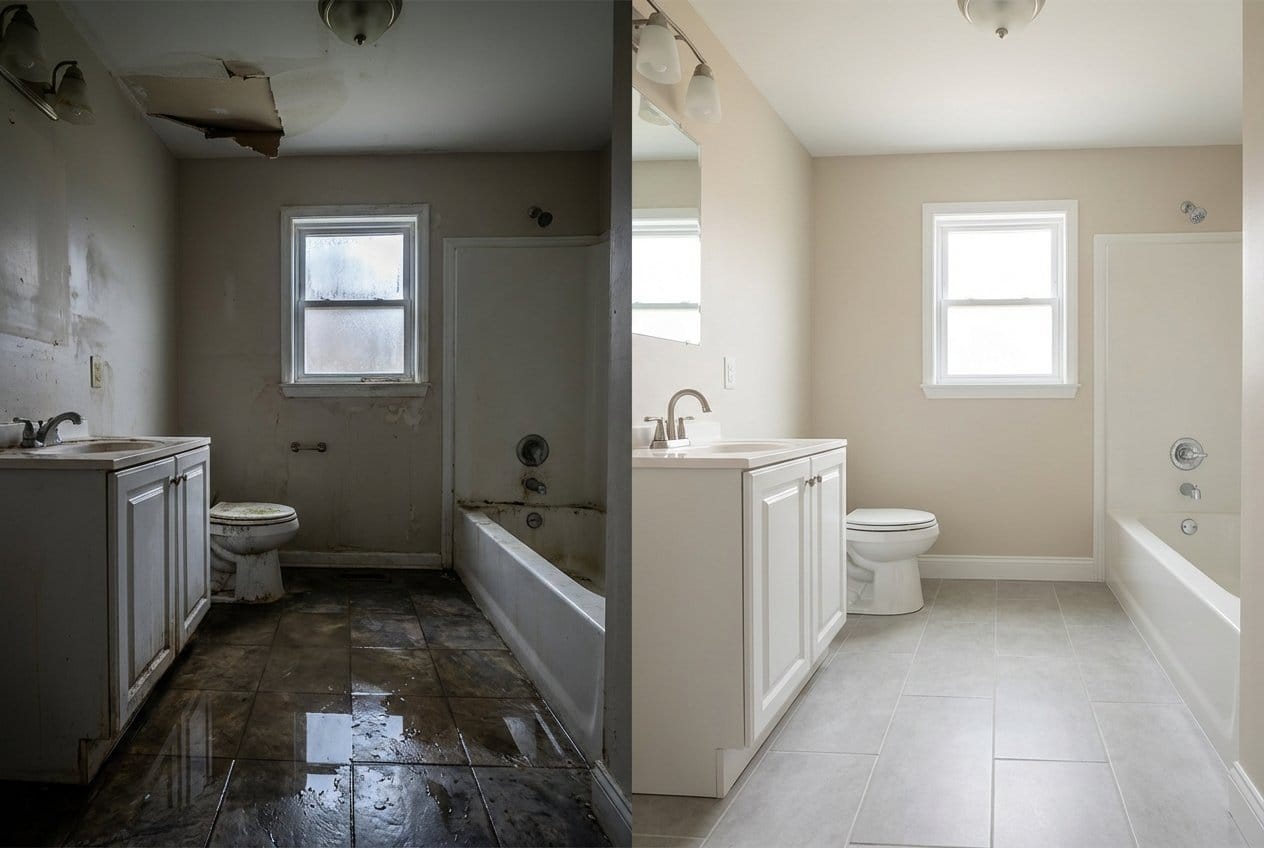 Before and after water damage restoration in Englewood split-level home bathroom