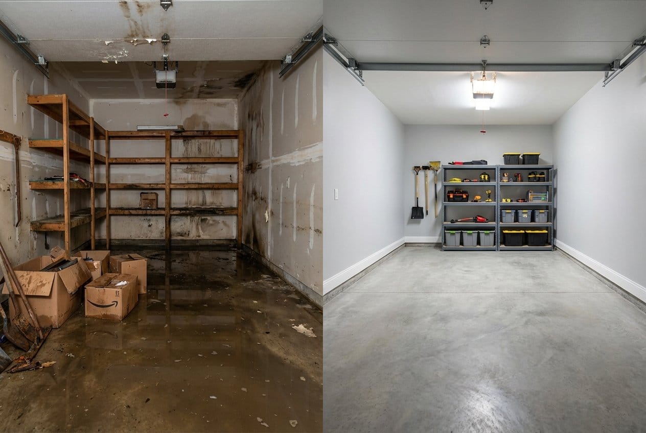 Basement Flood Cleanup before and after in garage, Englewood NJ