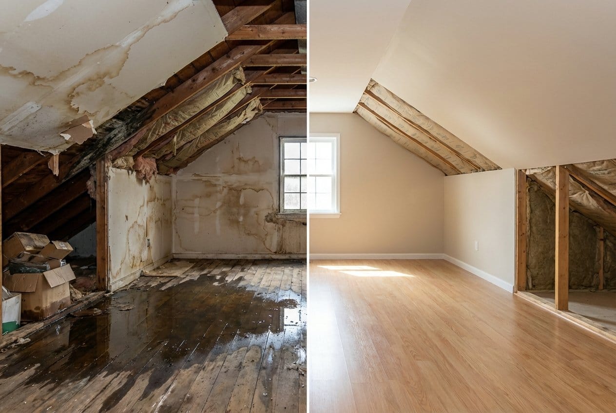 Before and after basement flood cleanup in Englewood commercial property attic space