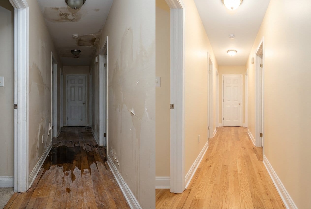 Burst Pipe & Plumbing Leak Damage before and after in hallway, Englewood NJ