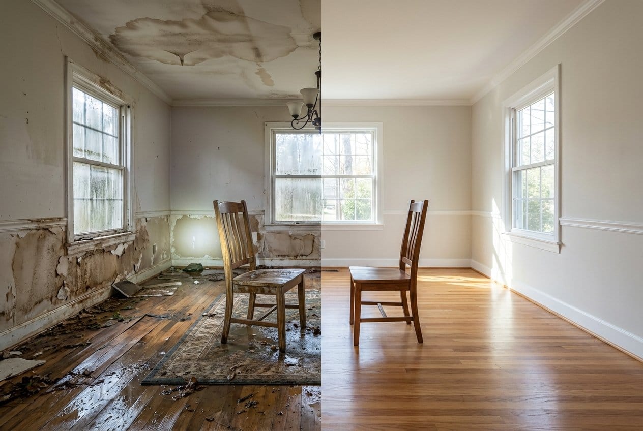 Before and after burst pipe & plumbing leak damage in Englewood bungalow dining room