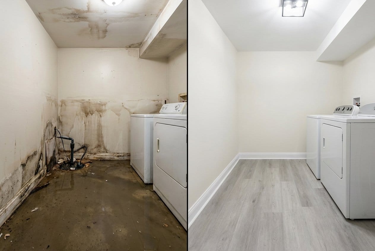 Storm & Roof Leak Water Damage restoration — utility room of split-level home in Englewood, NJ