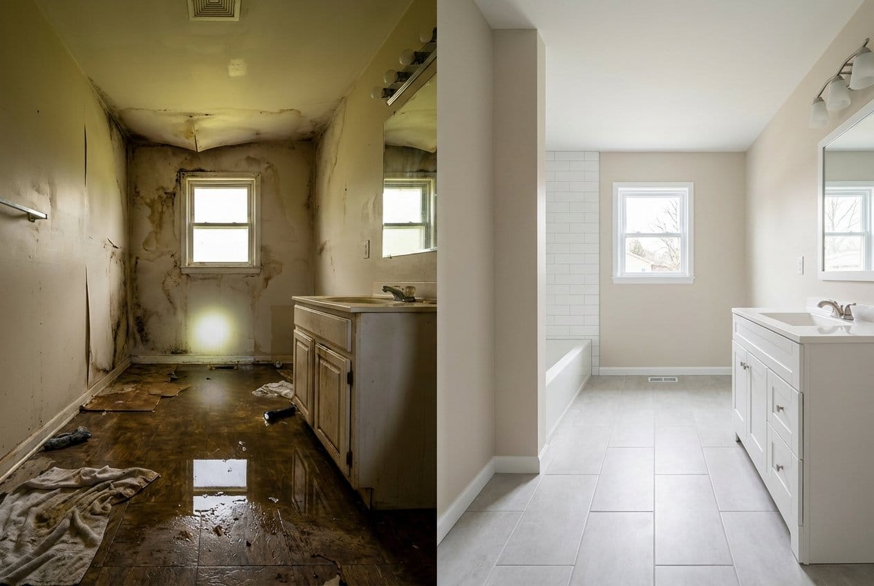 Before and after sewage backup cleanup in Englewood private residence bathroom