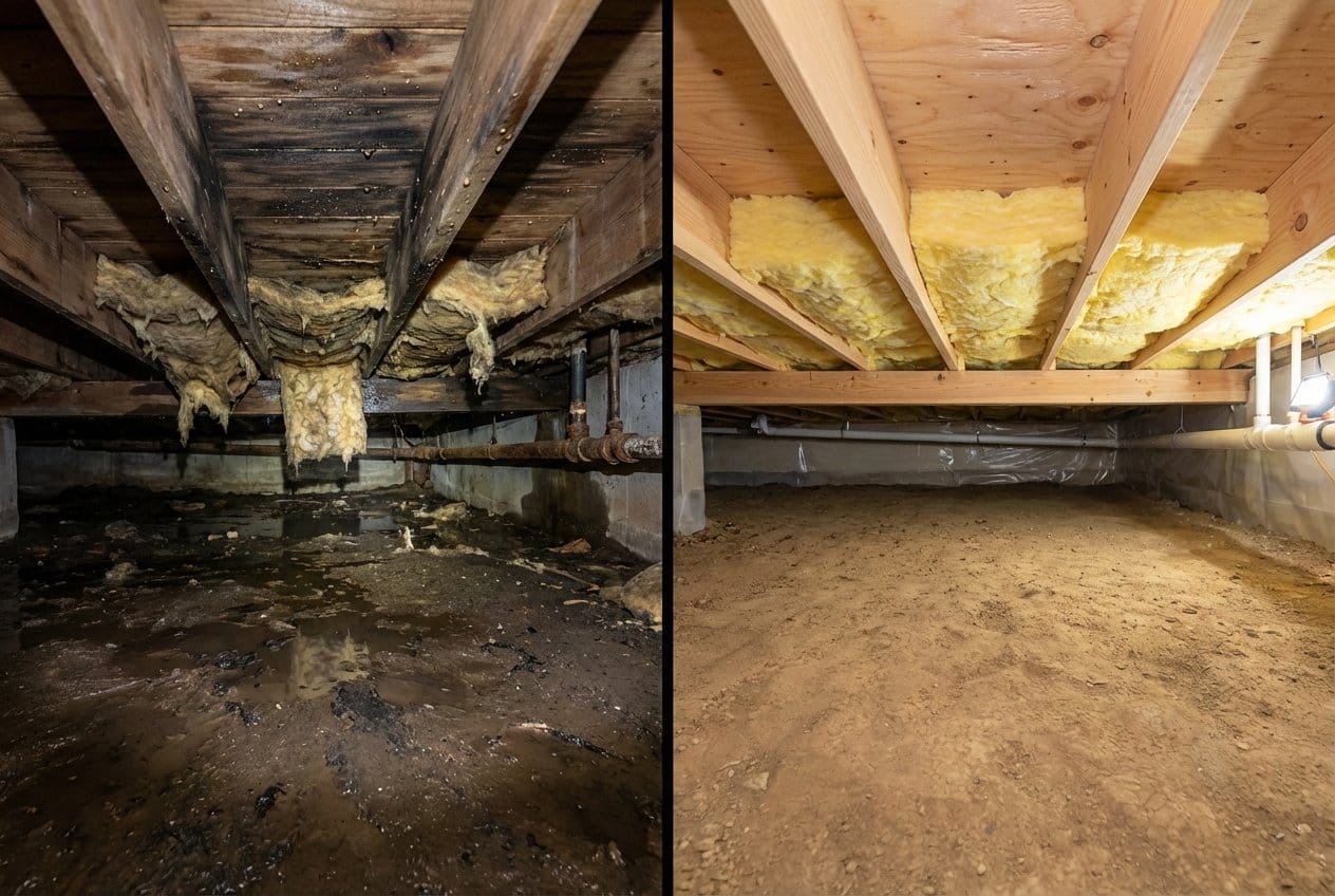 Carpet & Flooring Water Damage Cleanup restoration β crawl space of bungalow in Englewood, NJ