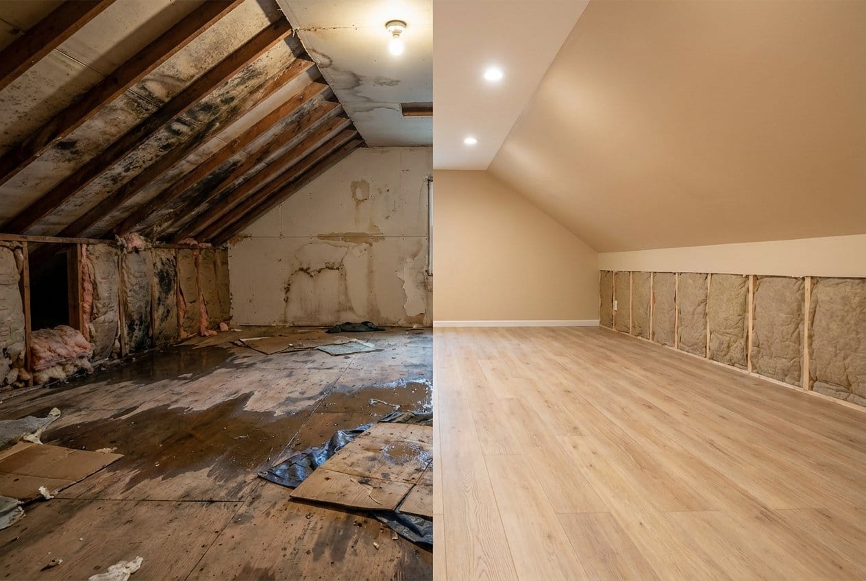 Before and after carpet & flooring water damage cleanup in Englewood single-family home attic space