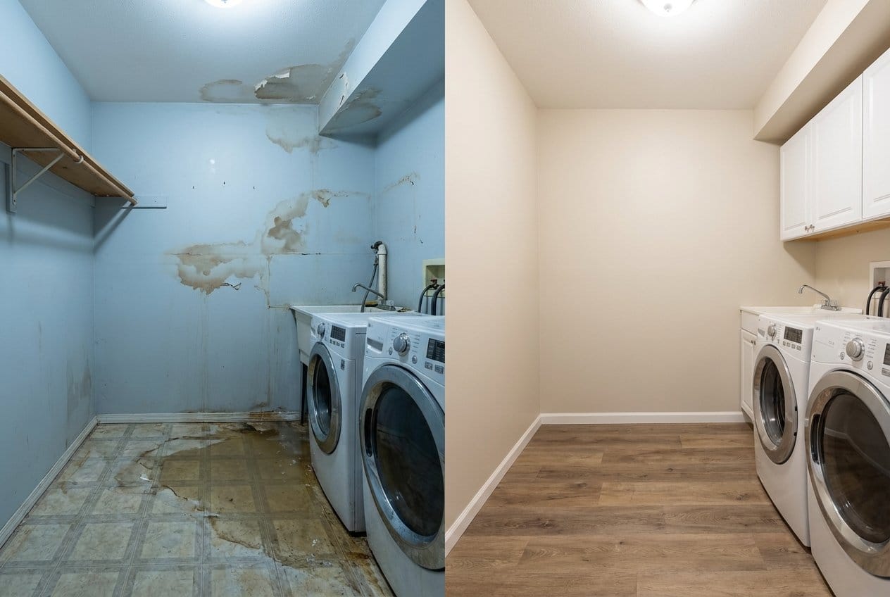 Wall & Ceiling Dry-Out restoration — laundry room of Cape Cod house in Englewood, NJ