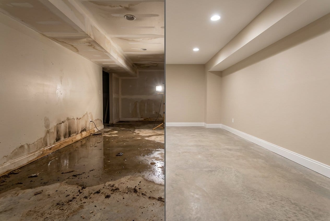 Content Drying & Property Cleanup before and after in finished basement, Englewood NJ