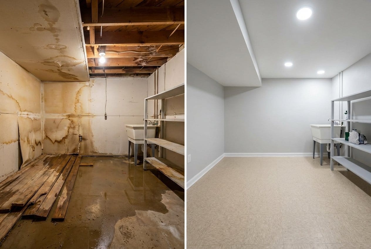 Content Drying & Property Cleanup restoration — utility room of private residence in Englewood, NJ