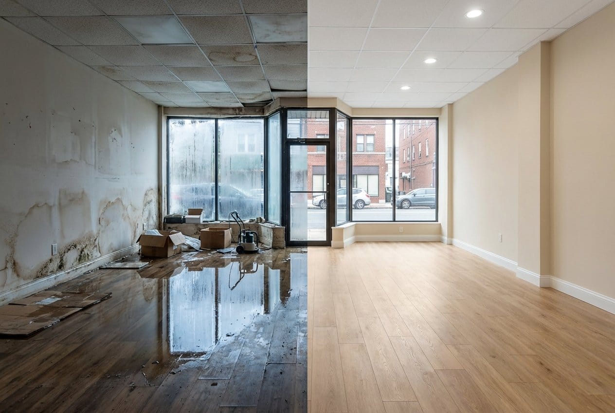 Before and after content drying & property cleanup in Englewood townhouse storefront interior