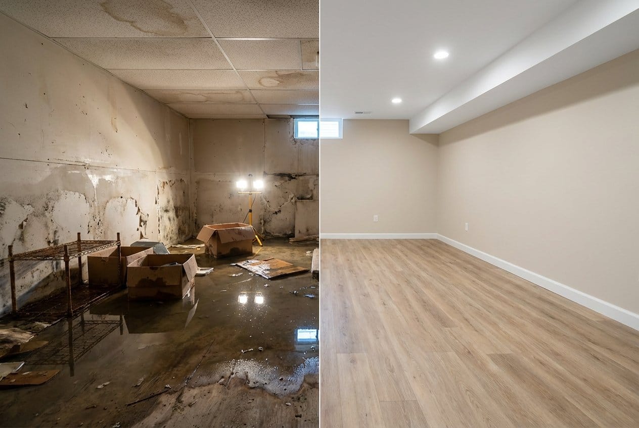 Mold Prevention After Water Damage before and after in residential basement, Englewood NJ