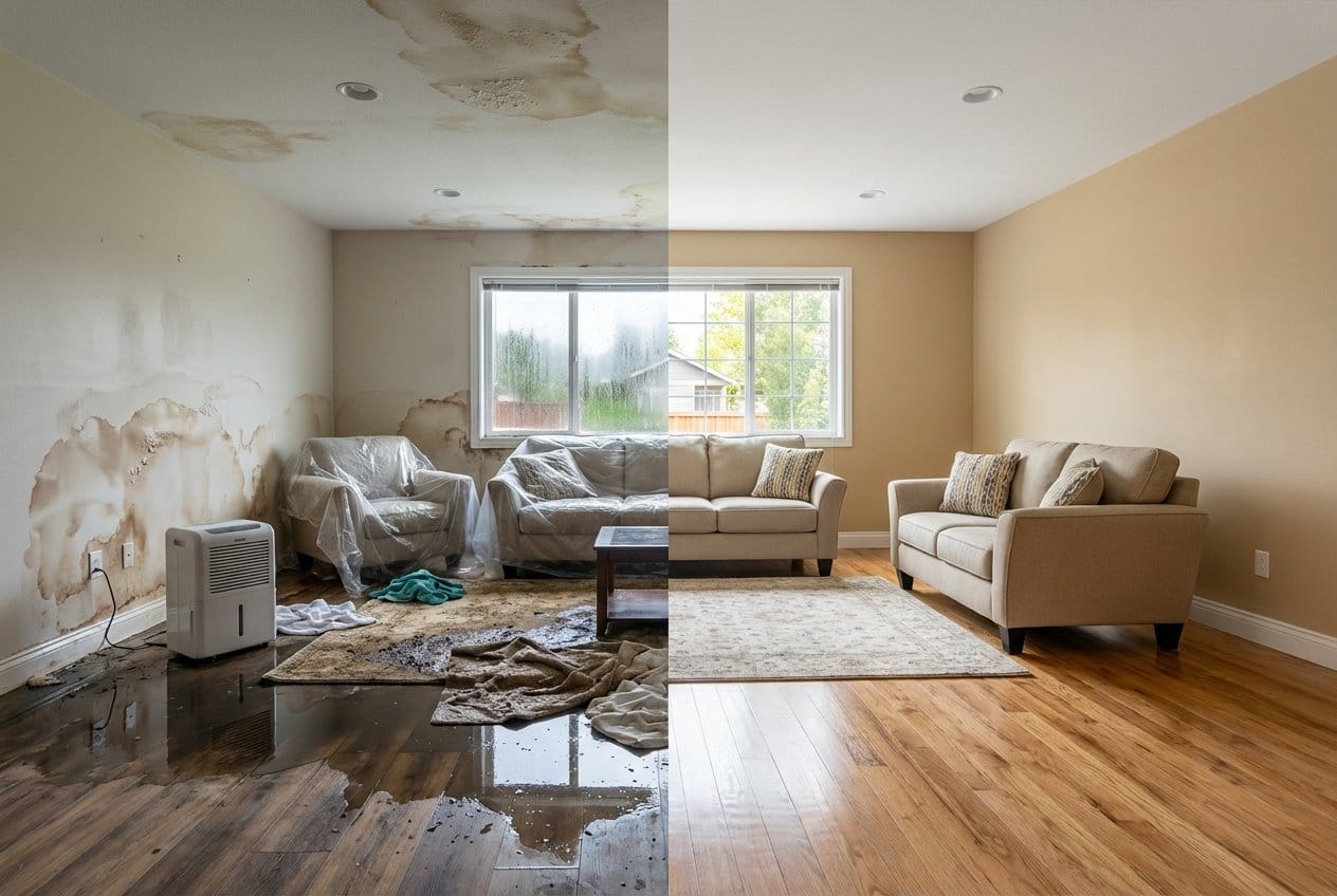 Englewood Water Damage Restoration living room restoration before and after in Englewood