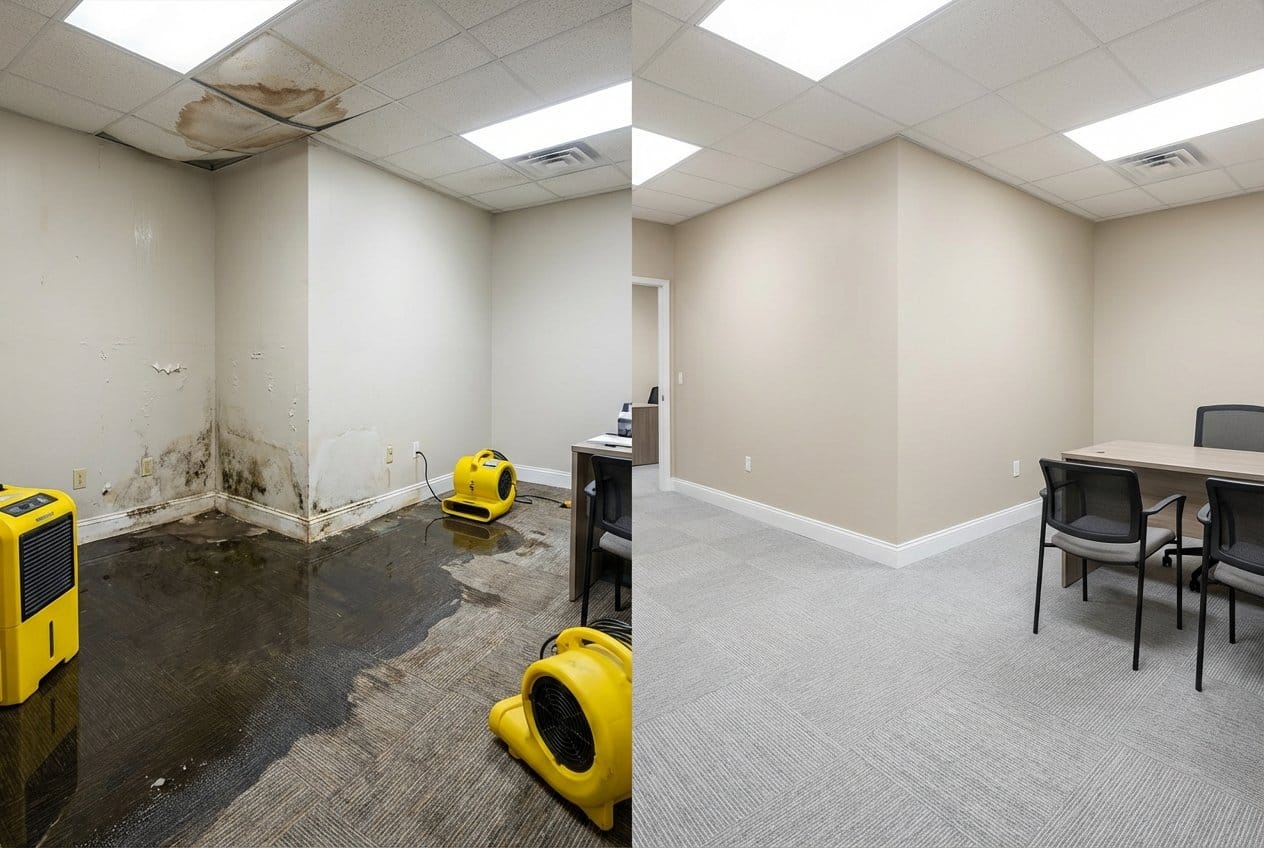 Englewood Water Damage Restoration commercial office space restoration before and after in Englewood